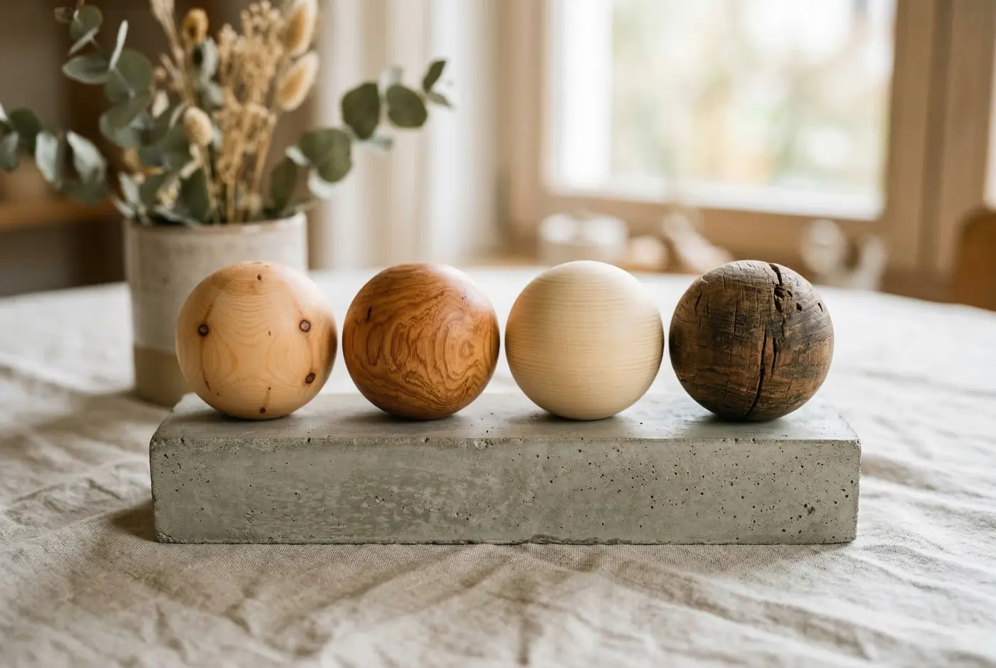 Vier handgedrechselte Deko-Kugeln aus massivem Holz liegen ordentlich aufrecht auf einem schmalen Betonpodest. Jede Kugel zeigt eine andere Holzart mit ganz eigener Farbe und Maserung – von hellem, feinem Naturholz bis hin zu dunklem, rustikalem Altholz. Im Hintergrund steht eine Tischvase mit Trockenblumen.