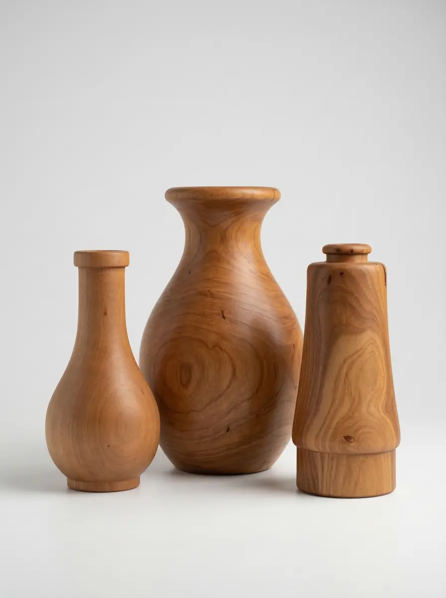 Set aus drei handgedrechselten Holzvasen in unterschiedlichen Formen. Die Vasen zeigen die wunderschöne, individuelle Maserung von Naturholz und eignen sich perfekt als zeitlose Wohndekoration.