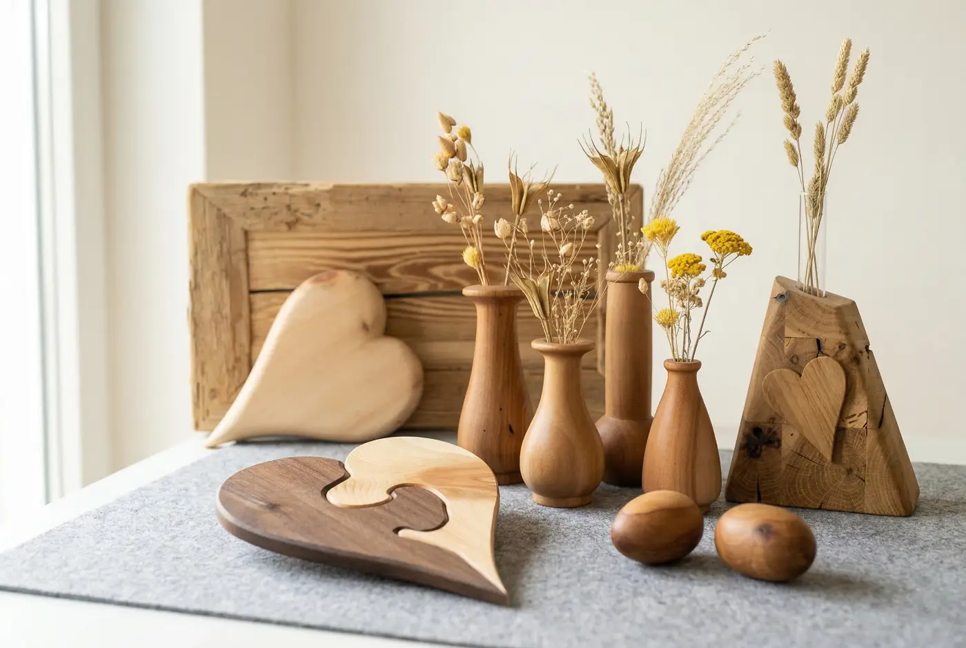 Ein liebevoll arrangiertes Set aus handgemachter Holzdeko auf einer grauen Filzmatte. Zu sehen sind verschiedene gedrechselte Holzvasen mit Trockenblumen, ein zweifarbiges Puzzle-Herz, ein helles Holzherz und dekorative Holzeier vor einer rustikalen Holzwand.