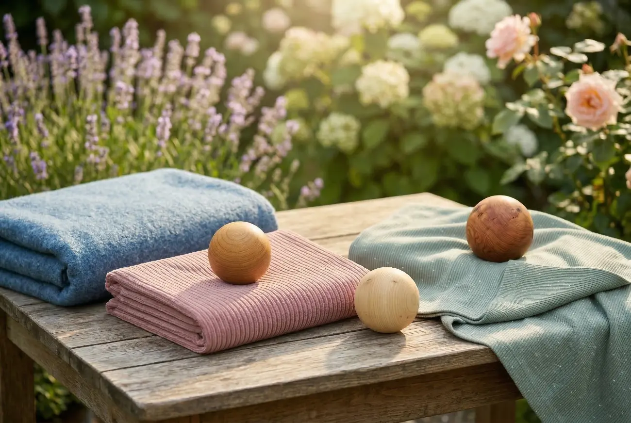Drei weiche, gefaltete Stoffe in den Farben Blau, Altrosa und Salbeigrün liegen zusammen mit glatten Holzkugeln auf einem rustikalen Holztisch in einem sonnigen, blühenden Garten.