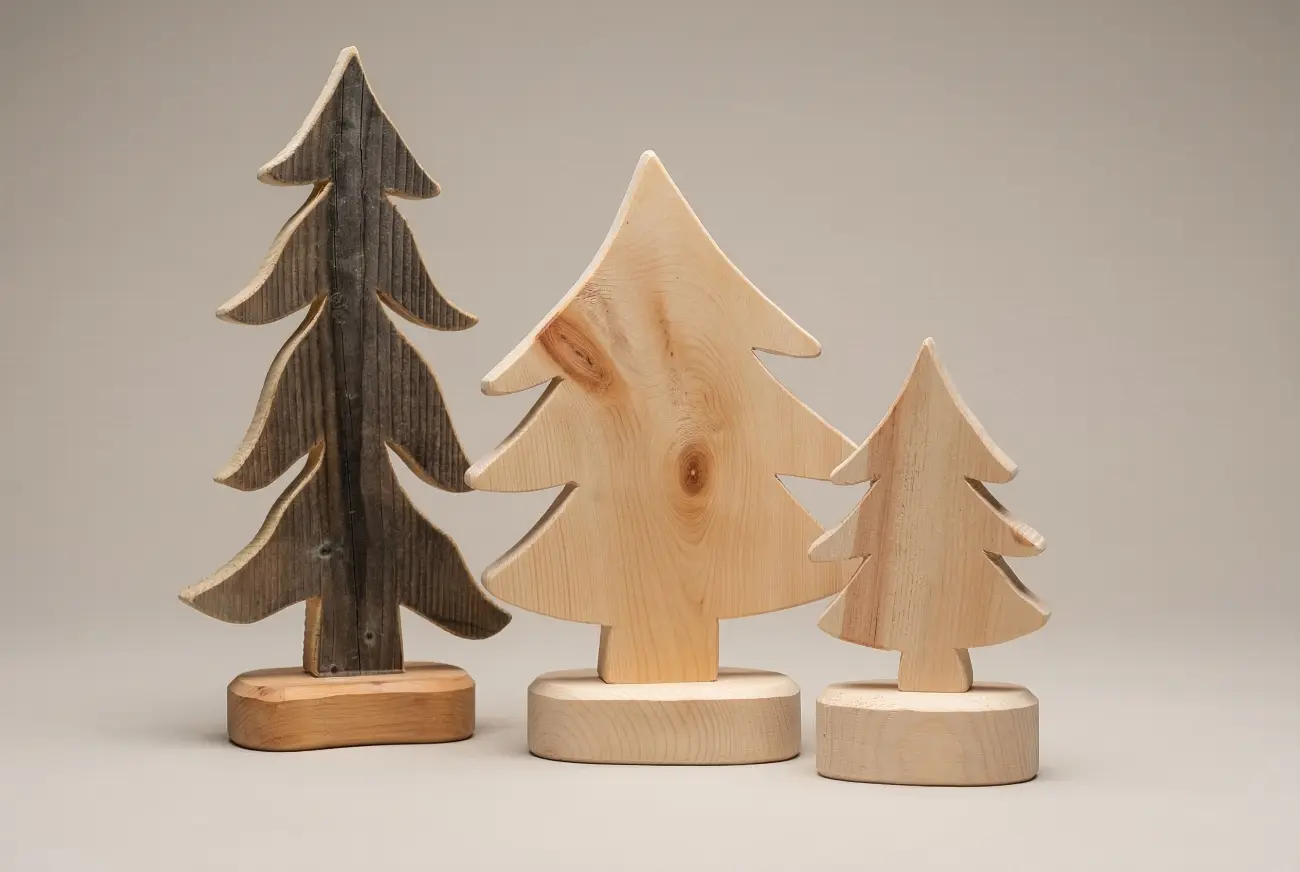 Drei dekorative Tannenbäume aus Holz in verschiedenen Größen und Farbtönen, von hellem Naturholz bis zu rustikalem, dunklem Holz.