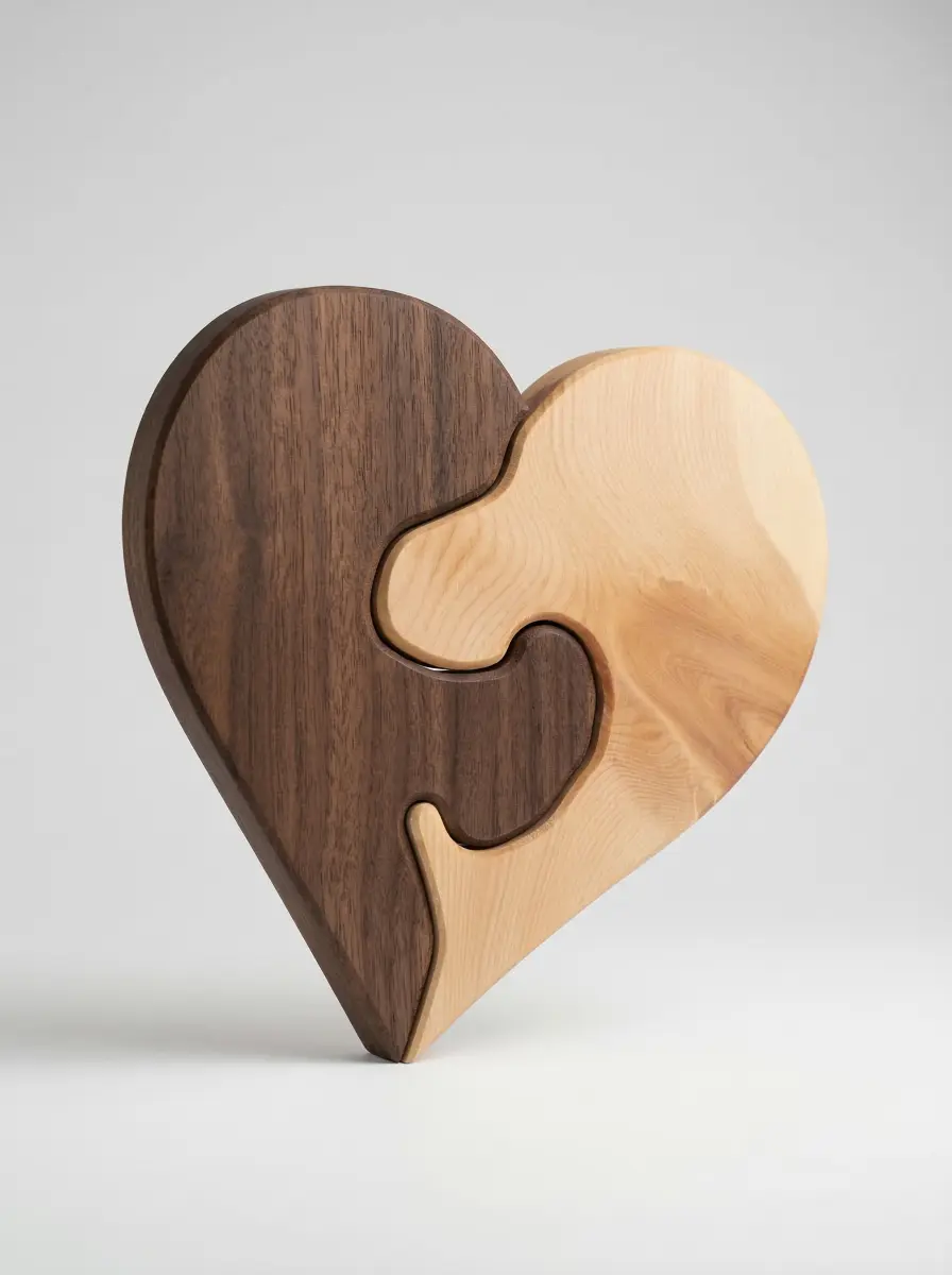 Ein handgefertigtes Deko-Herz aus Holz im Puzzle-Stil. Die Kombination aus hellem und dunklem Massivholz macht dieses Herz zu einem symbolischen Geschenk für Hochzeiten oder Jahrestage.