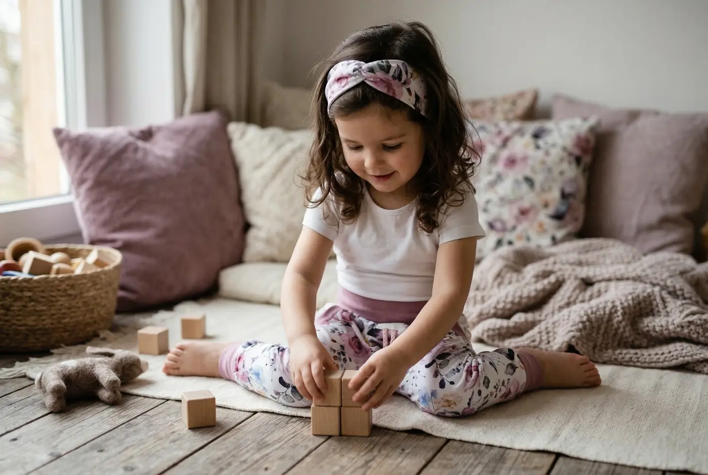 Ein kleines Mädchen sitzt drinnen gemütlich auf einem Teppich und stapelt Naturholz-Bausteine. Sie trägt eine bequeme, handgemachte Kinder-Pumphose mit floralem Muster und altrosafarbenen Bündchen sowie ein exakt passendes Blumen-Stirnband.