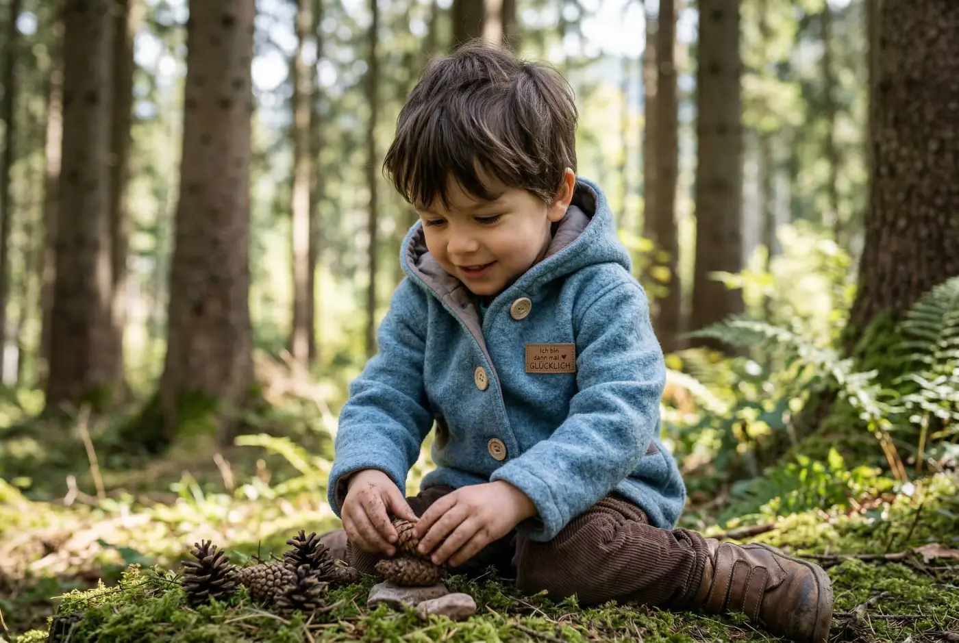 Fröhlicher kleiner Junge sitzt auf dem Waldboden und spielt mit Tannenzapfen. Er trägt eine handgemachte, blaue Walkjacke mit Holzköpfen und Kapuze, perfekt für Abenteuer in der Natur.