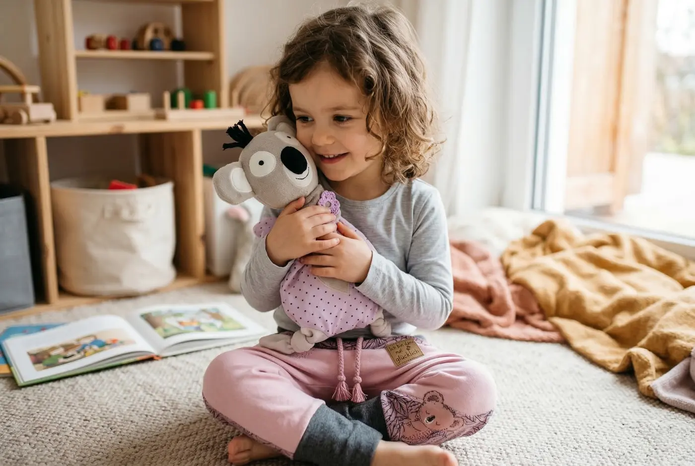 Ein kleines Mädchen umarmt glücklich ein handgemachtes Koala-Stofftier. Besonders süß: Passend zum Kuscheltier trägt sie eine rosa Kinder-Pumphose, die im unteren Bereich ebenfalls mit einem Koala-Motiv bedruckt ist.