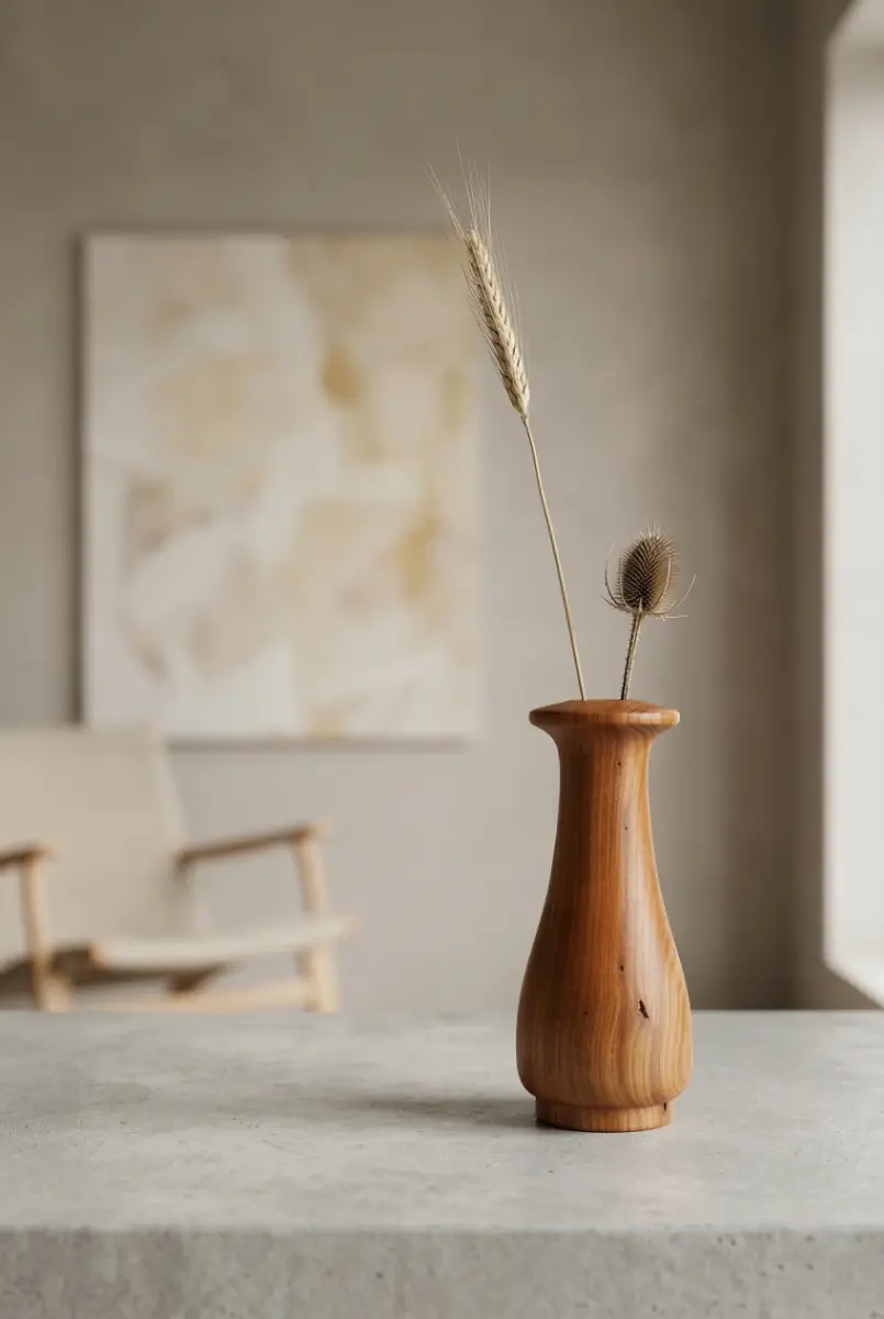 Eine elegante, handgedrechselte Holzvase aus Naturholz mit zwei dekorativen Trockenblumen-Stielen auf einer hellen Steinfläche. Im Hintergrund ist ein schlichtes, modernes Interieur im Skandi-Stil zu sehen.