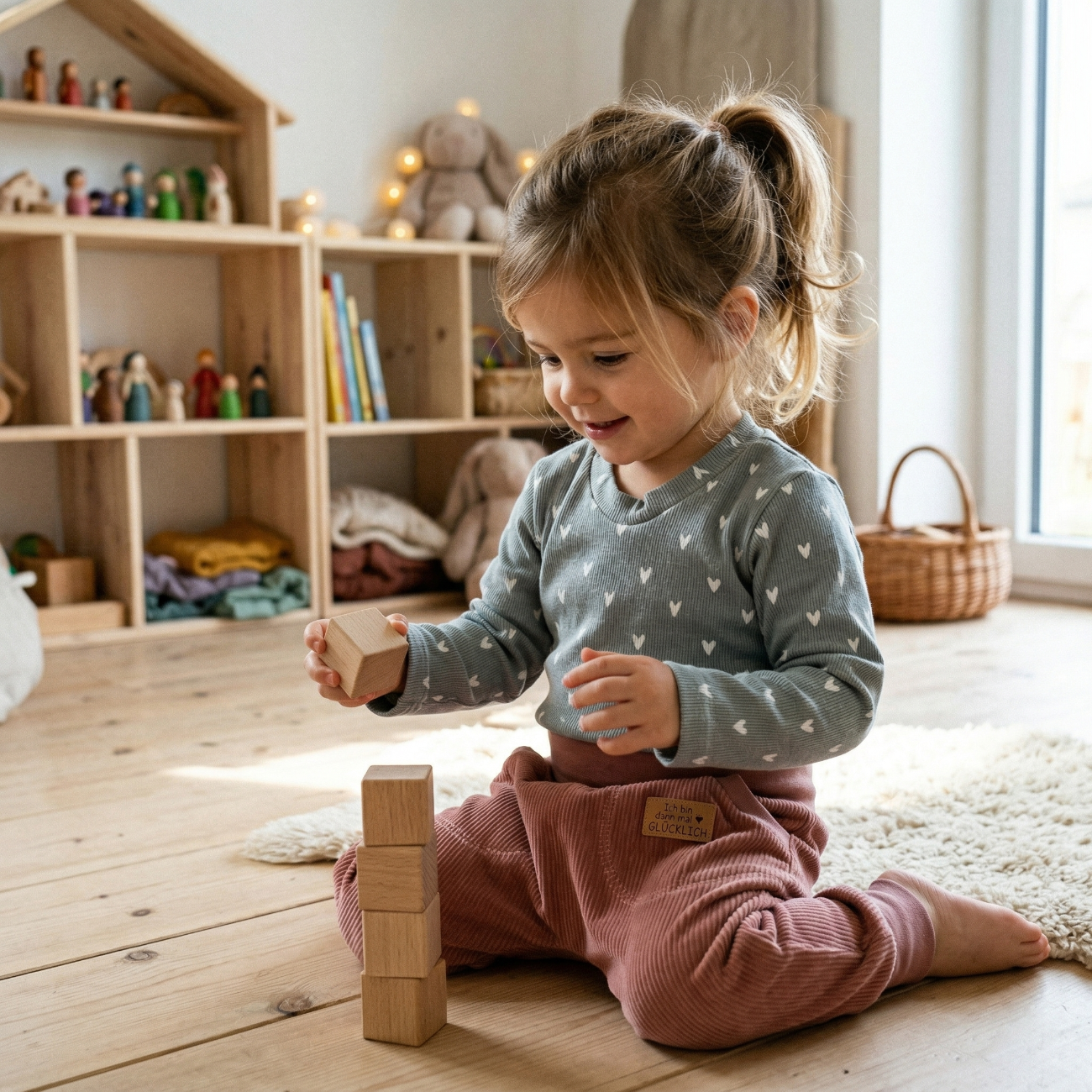 Ein handgenähtes Kinderoutfit von ROSA näht, bestehend aus einer altrosa Pumphose aus Cord und einem salbeigrünen Langarmshirt aus Rippjersey mit weißen Herzen, getragen von einem kleinen Mädchen, das Holzklötze im hellen Kinderzimmer stapelt.