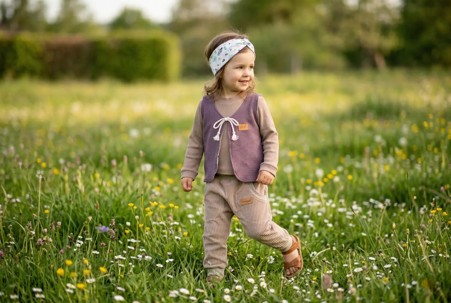 Ein handgefertigter langärmeliger Kinderpullover mit vintage Blumenmuster und dunkelgrünen Bündchen sowie eine cremefarbene Pumphose von ROSA näht, getragen von einem Mädchen auf einer grünen Wiese vor einem Tipi.