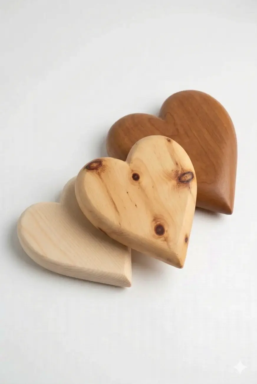 Handgefertigte rustikale Holzvase mit einem hellen Holzherz-Element, dekoriert mit Eukalyptus-Zweigen in einem Glaseinsatz auf einem modernen Tisch in hellem Ambiente.