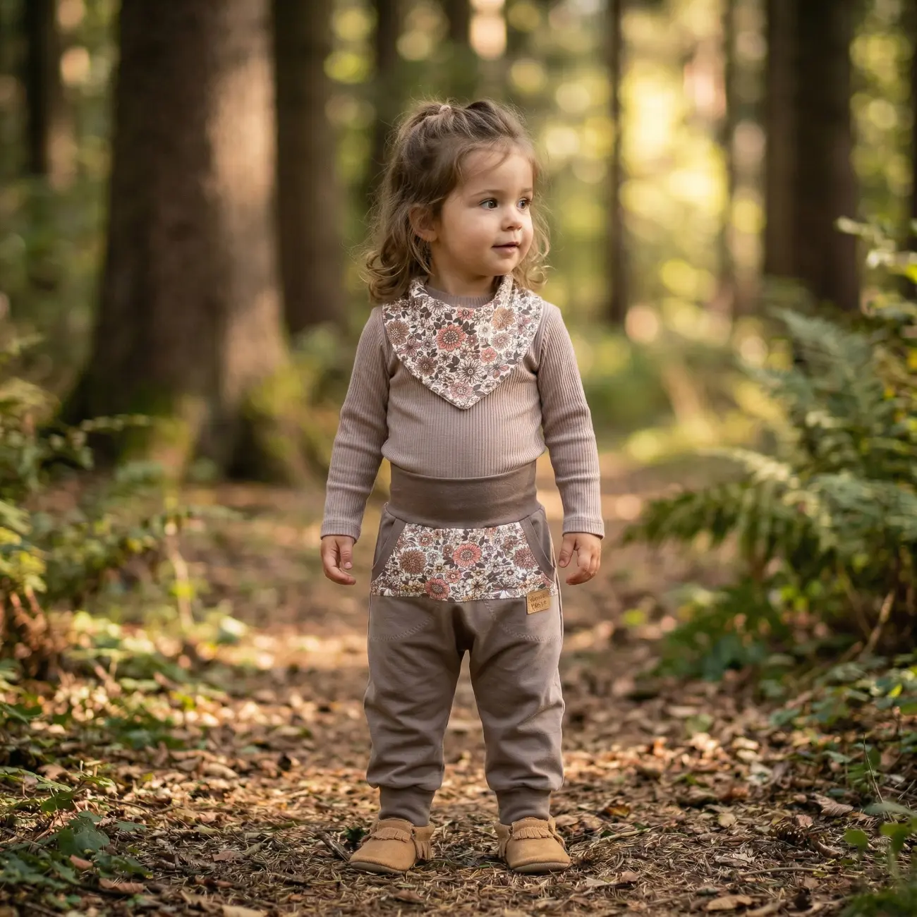 Ein handgenähtes Baby-Set von ROSA näht, flach liegend auf einem hellen Holzboden. Es besteht aus einer mitwachsenden Pumphose und einer passenden Beanie-Mütze. Der Stoff der Mütze und des oberen Hosenteils zeigt eine illustrierte Weltkarte mit verschiedenen Tieren auf hellblauem Grund. Die Hose wird ergänzt durch einen cremefarbenen Stoff im unteren Bereich, taubenblaue Bündchen, kleine Taschen und ein braunes Kunstleder-Label mit der Aufschrift "Kleiner LAUSER".