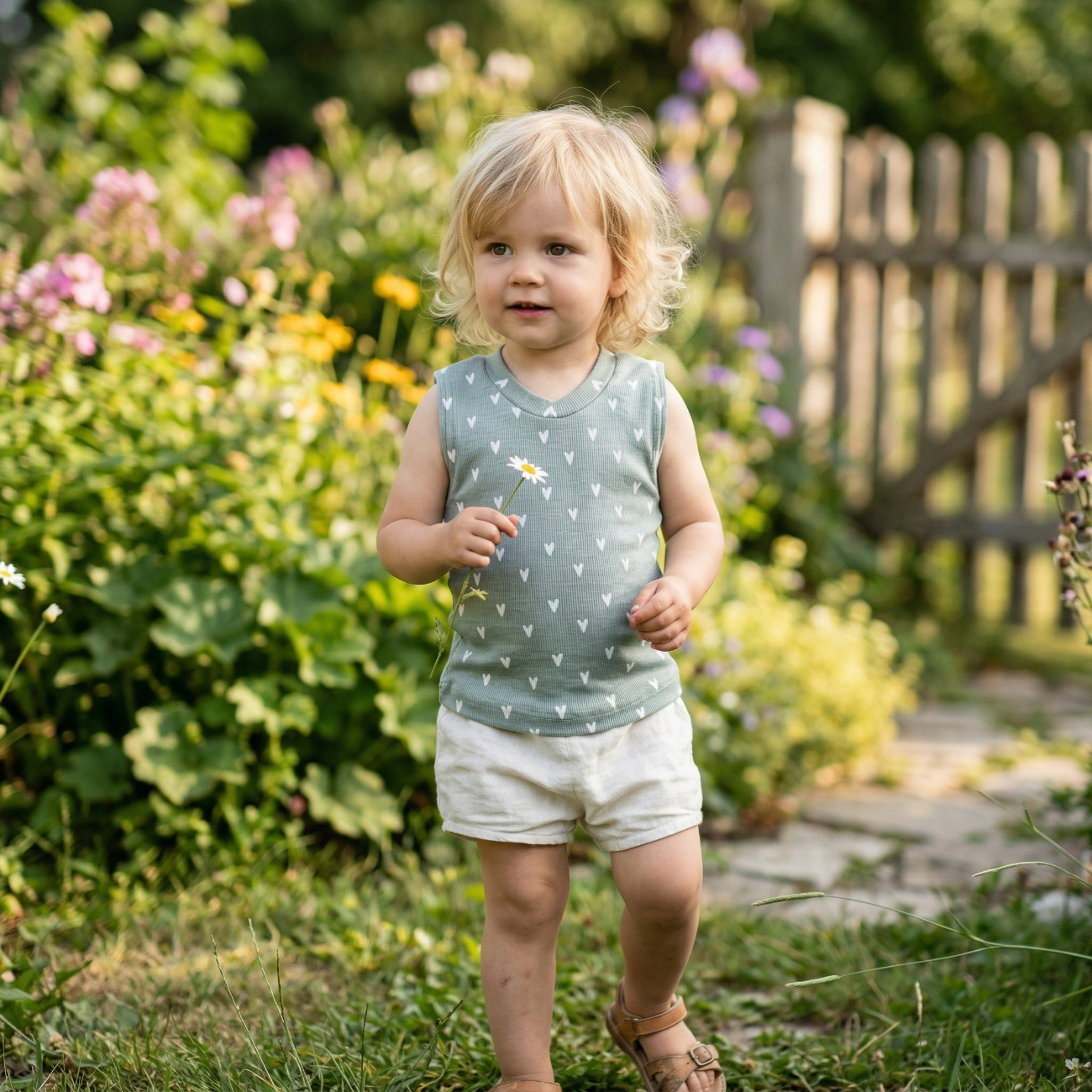 Ein sommerliches Kinder-Set von ROSA näht mit einem salbeigrünen Tanktop aus Rippjersey mit weißen Herzen und cremefarbenen Leinenshorts, getragen von einem Kleinkind, das eine Blume im blühenden Garten hält.