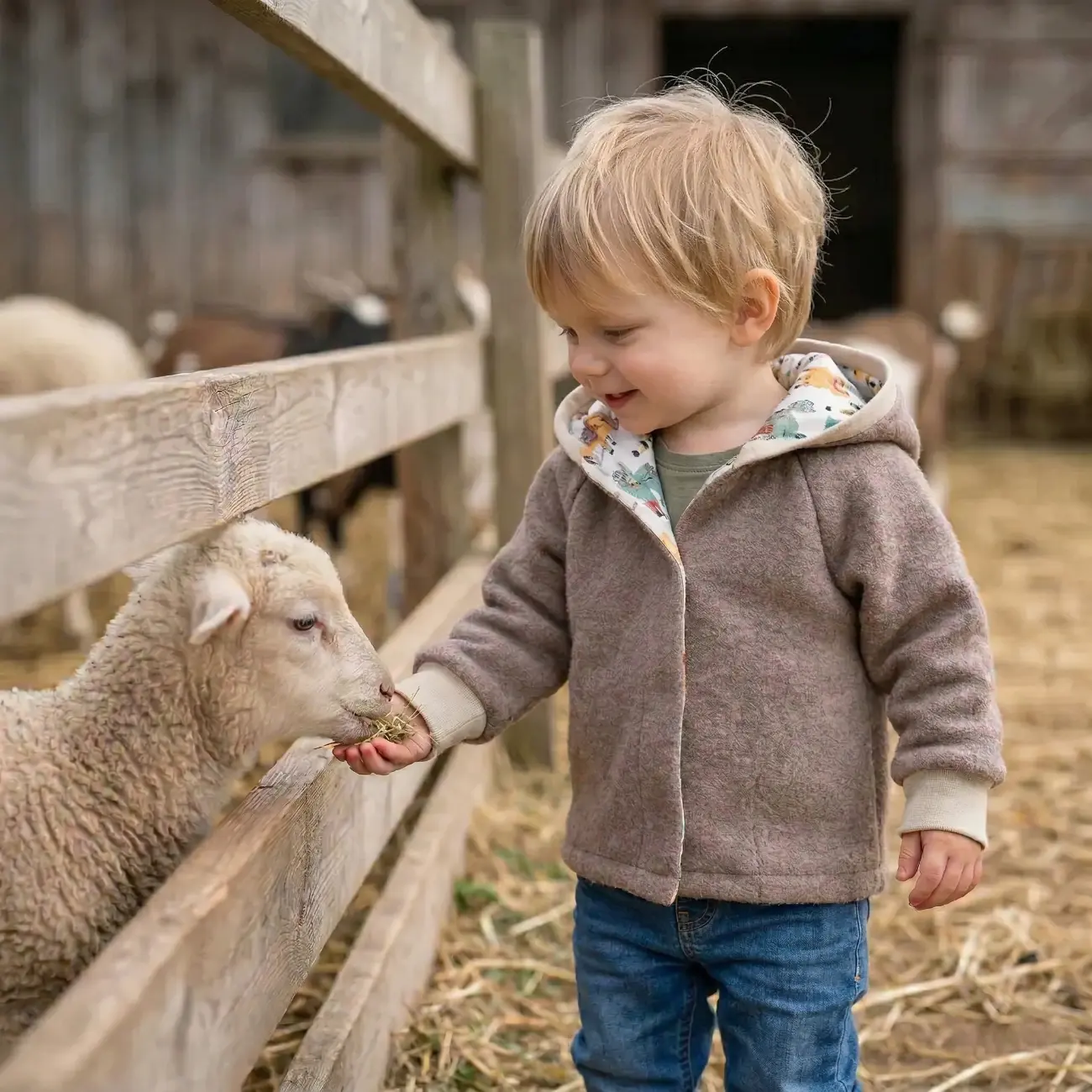 Ein Kleinkind krabbelt auf einem hellen Teppich und trägt einen grauen Wollwalk-Overall von ROSA näht. Der Overall hat Kapuzen- und Kniebesätze mit einem Tiermuster aus Füchsen und Bären sowie hellgrüne Bündchen.