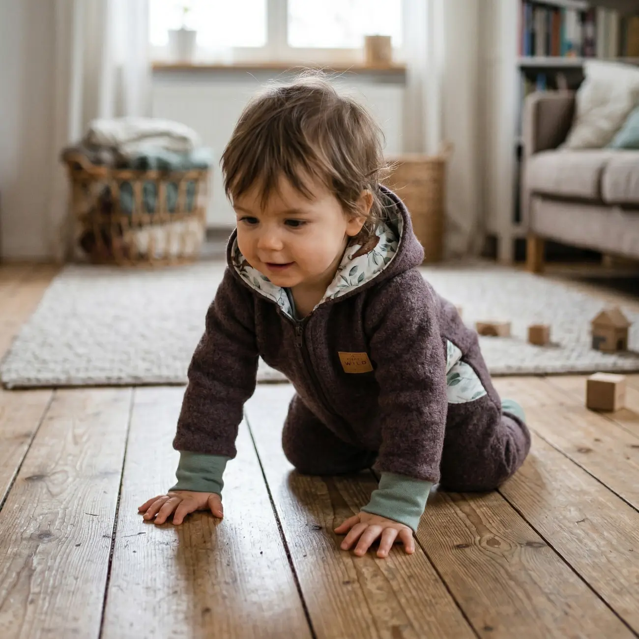 Ein Kleinkind krabbelt auf einem Holzboden im Wohnzimmer. Es trägt einen dunkelvioletten Wollwalk-Overall von ROSA näht. Der Overall hat hellgrüne Bündchen und ist an der Kapuze sowie an den seitlichen Einsätzen mit einem hellen Stoff mit Blättermuster gefüttert.