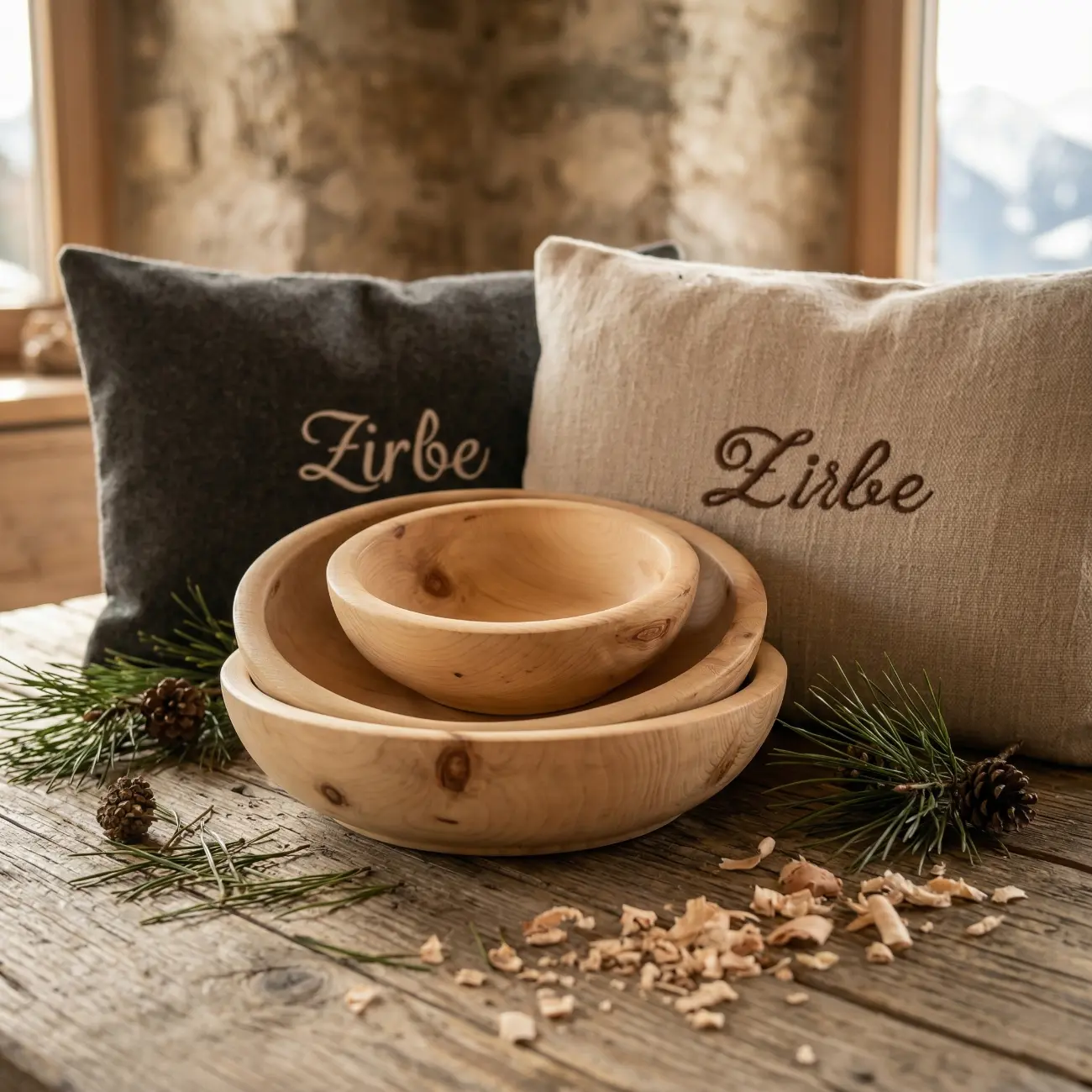 Ein Set aus drei ineinander gestapelten, handgedrechselten Zirbenschüsseln von ROSA näht auf einem rustikalen Holztisch. Dekoriert ist das Arrangement mit frischen Zirbenspänen und Nadeln. Dahinter stehen zwei Zirbenkissen mit "Zirbe"-Stickerei vor einem gemütlichen Fenster mit Bergblick.