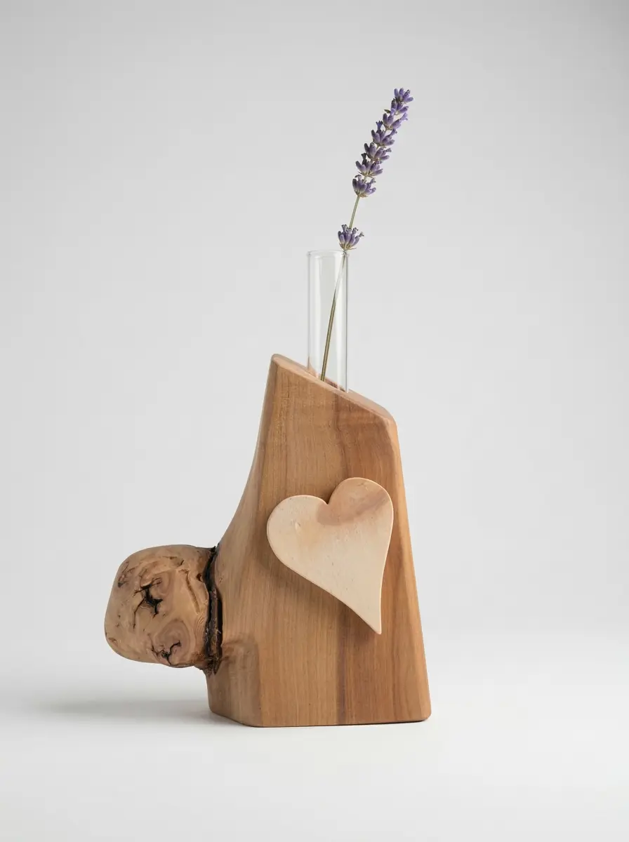 Eine elegante, handgedrechselte Holzvase aus Naturholz mit zwei dekorativen Trockenblumen-Stielen auf einer hellen Steinfläche. Im Hintergrund ist ein schlichtes, modernes Interieur im Skandi-Stil zu sehen.