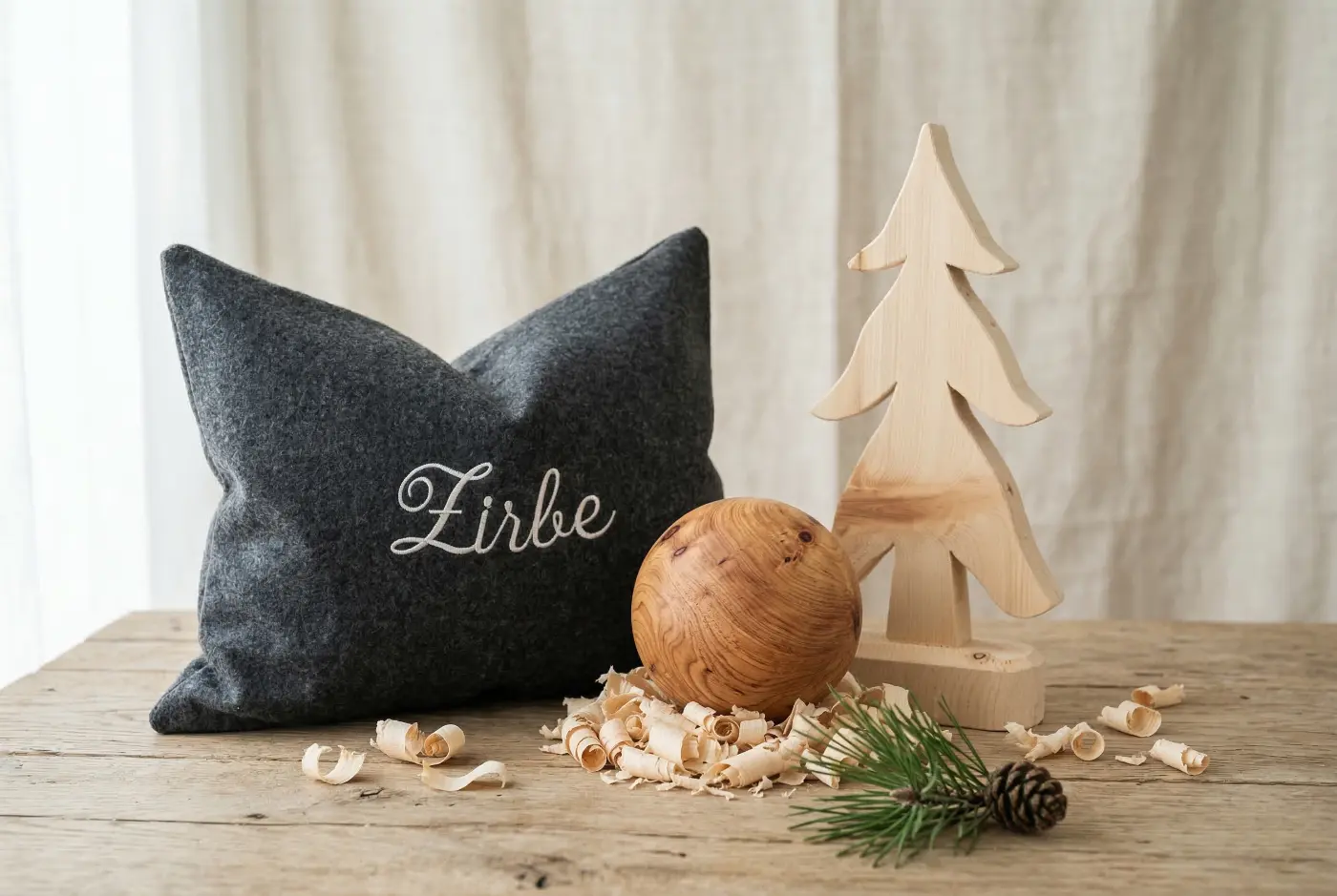 Wellness-Set aus Zirbe: Ein dunkelgraues Filzkissen mit der weißen Stickerei „Zirbe“, daneben eine handgedrechselte Zirbenkugel, ein hölzerner Tannenbaum und frische Zirbenspäne auf einem rustikalen Holztisch.